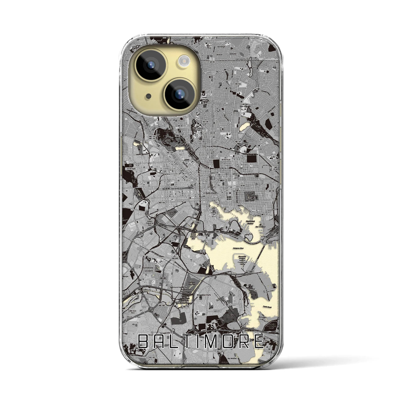 【ボルチモア(アメリカ)】地図柄iPhoneケース(クリアタイプ)モノトーン・iPhone 15 用