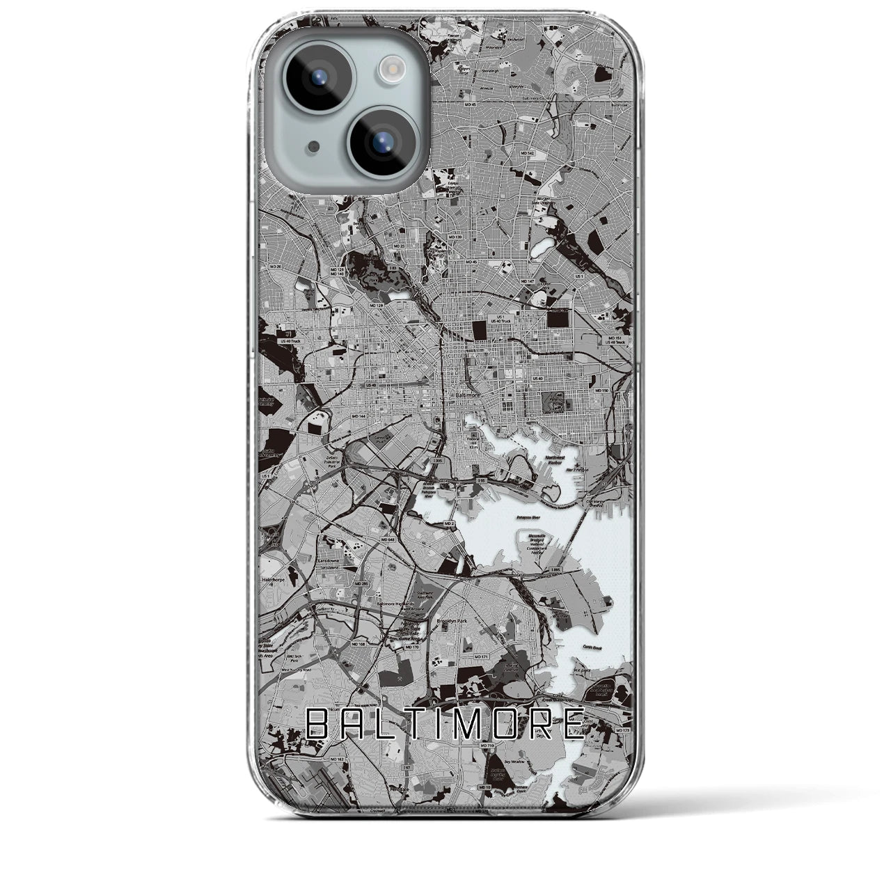 【ボルチモア(アメリカ)】地図柄iPhoneケース(クリアタイプ)モノトーン・iPhone 15 Plus 用