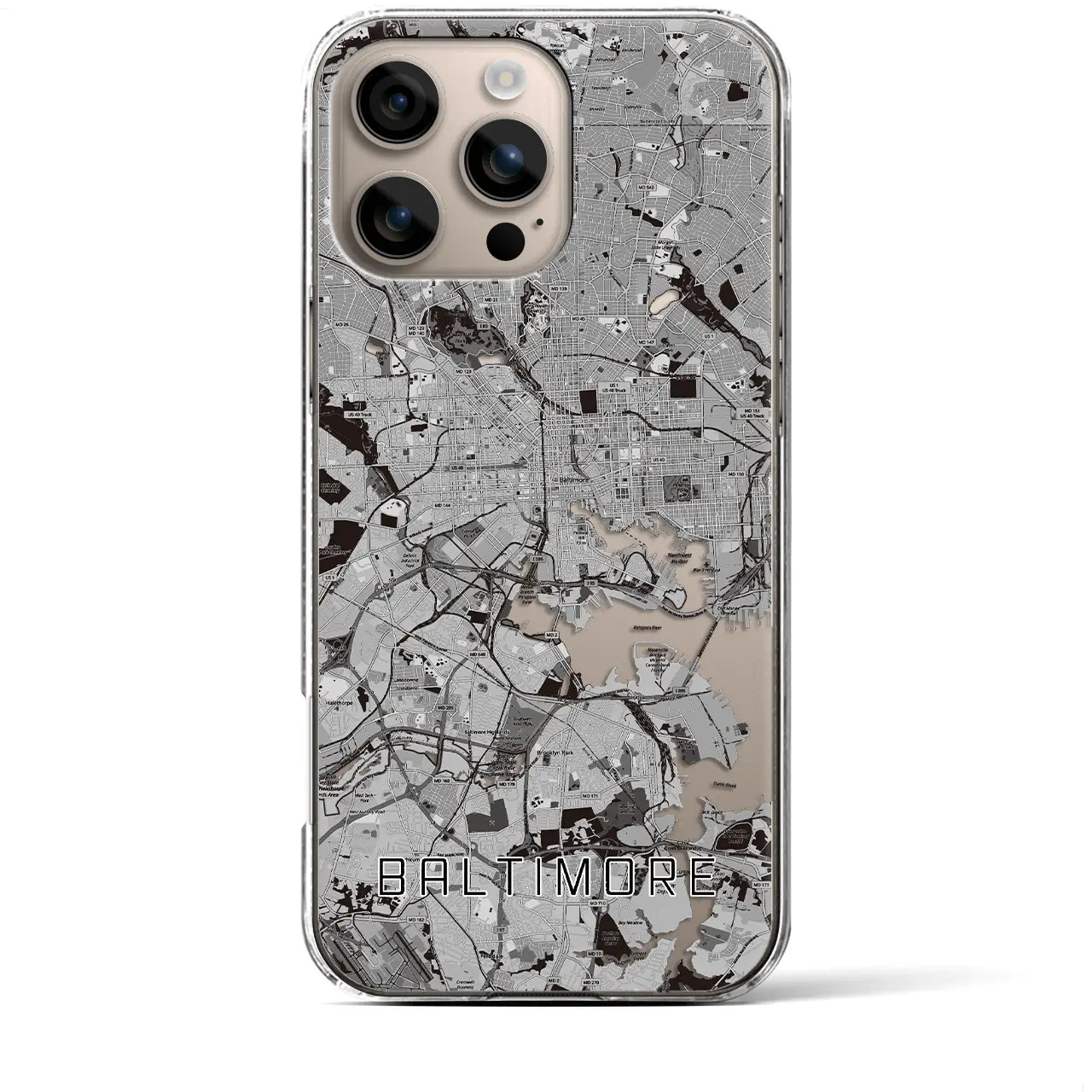【ボルチモア(アメリカ)】地図柄iPhoneケース(クリアタイプ)モノトーン・iPhone 16 Plus 用