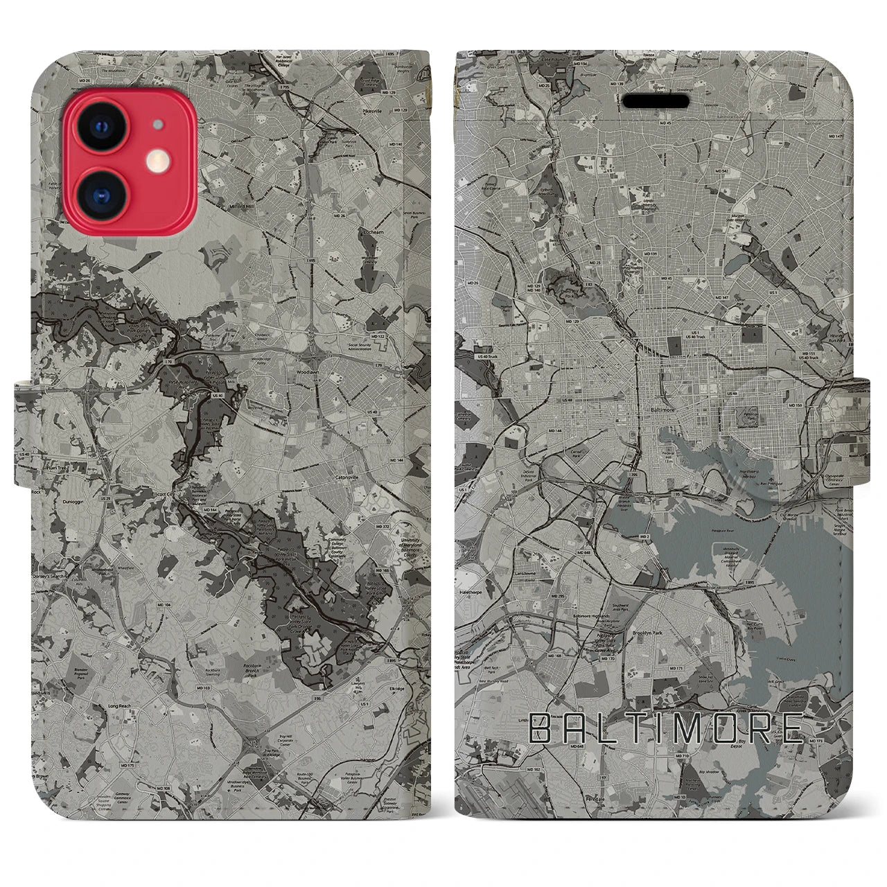 【ボルチモア(アメリカ)】地図柄iPhoneケース(手帳タイプ)モノトーン・iPhone 11 用
