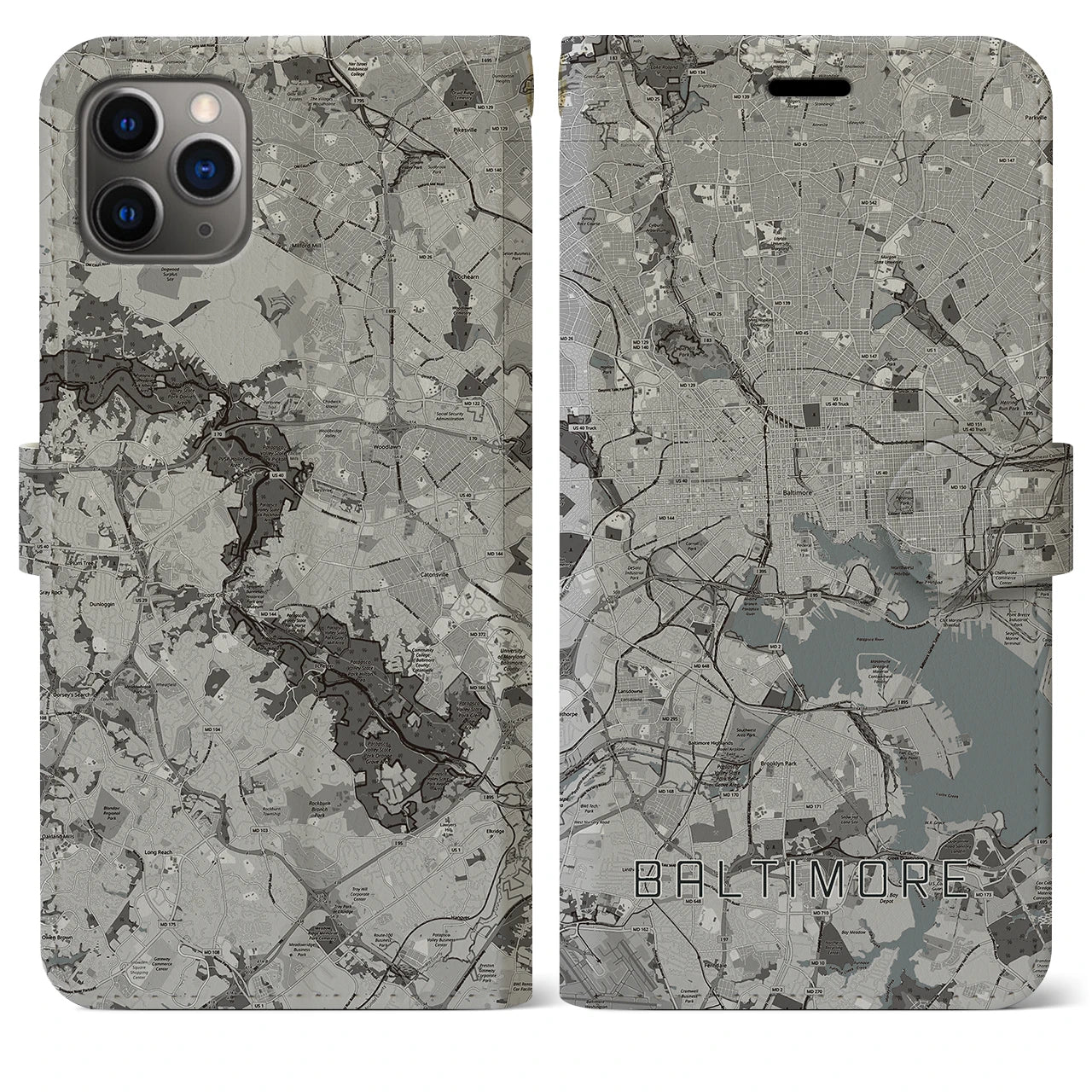 【ボルチモア(アメリカ)】地図柄iPhoneケース(手帳タイプ)モノトーン・iPhone 11 Pro Max 用