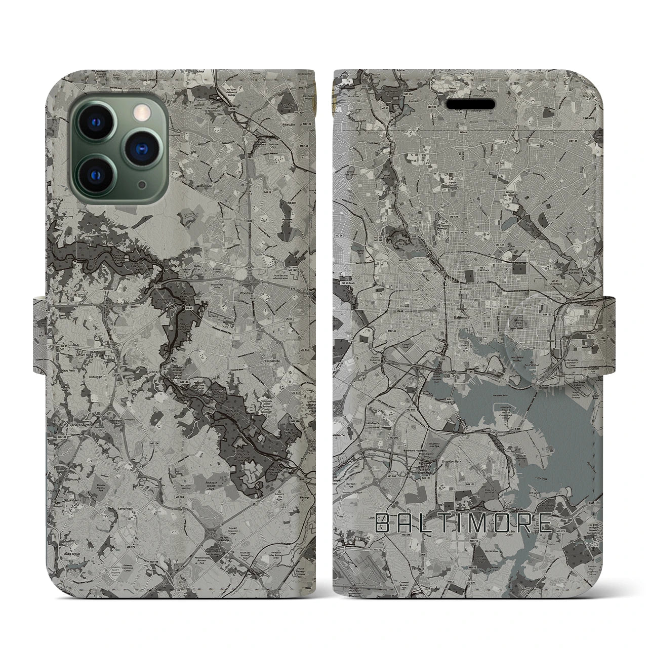 【ボルチモア(アメリカ)】地図柄iPhoneケース(手帳タイプ)モノトーン・iPhone 11 Pro 用