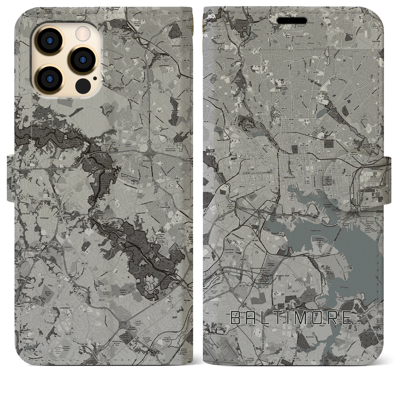 【ボルチモア(アメリカ)】地図柄iPhoneケース(手帳タイプ)モノトーン・iPhone 12 Pro Max 用