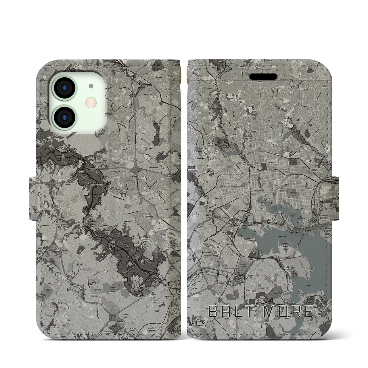 【ボルチモア(アメリカ)】地図柄iPhoneケース(手帳タイプ)モノトーン・iPhone 12 mini 用