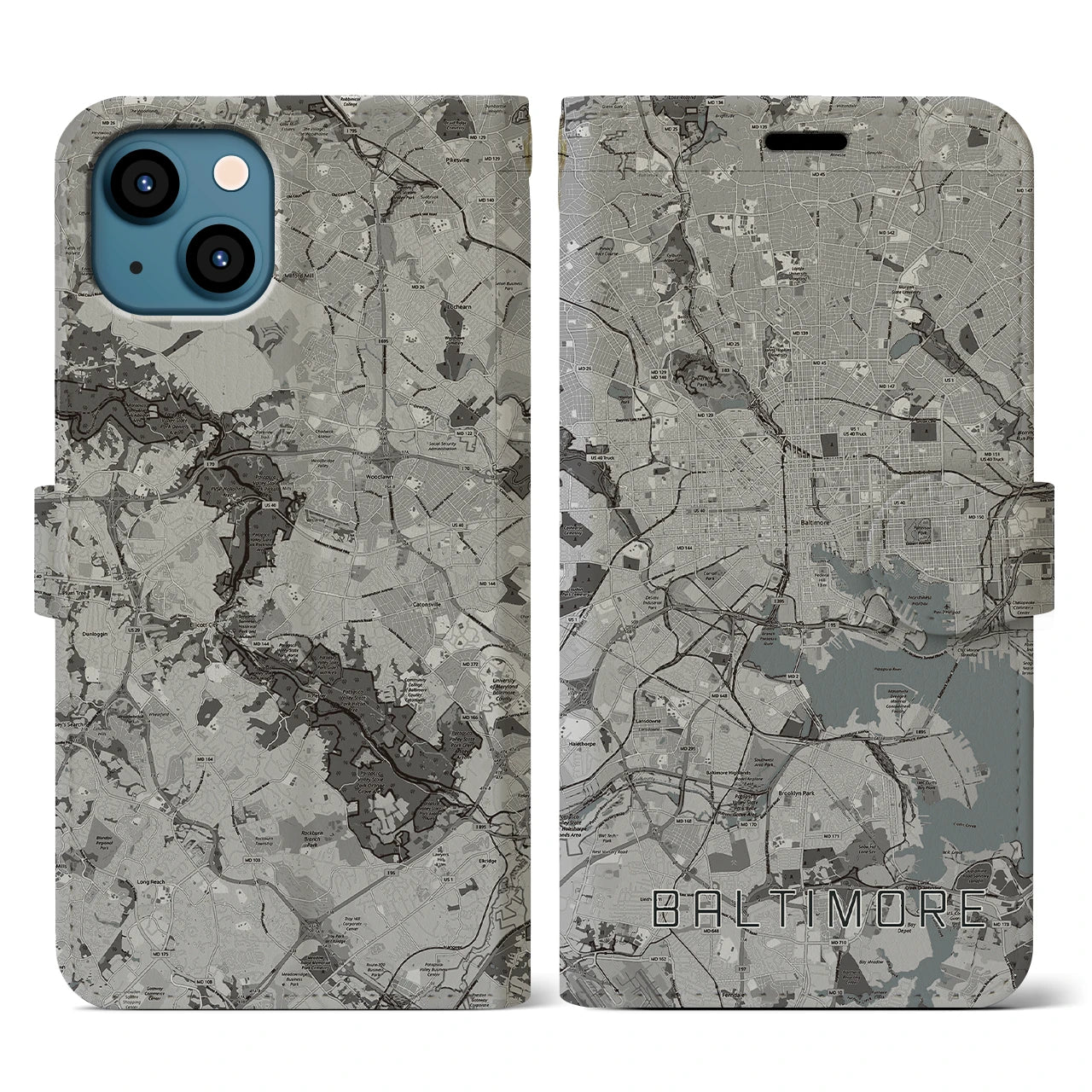 【ボルチモア(アメリカ)】地図柄iPhoneケース(手帳タイプ)モノトーン・iPhone 13 用