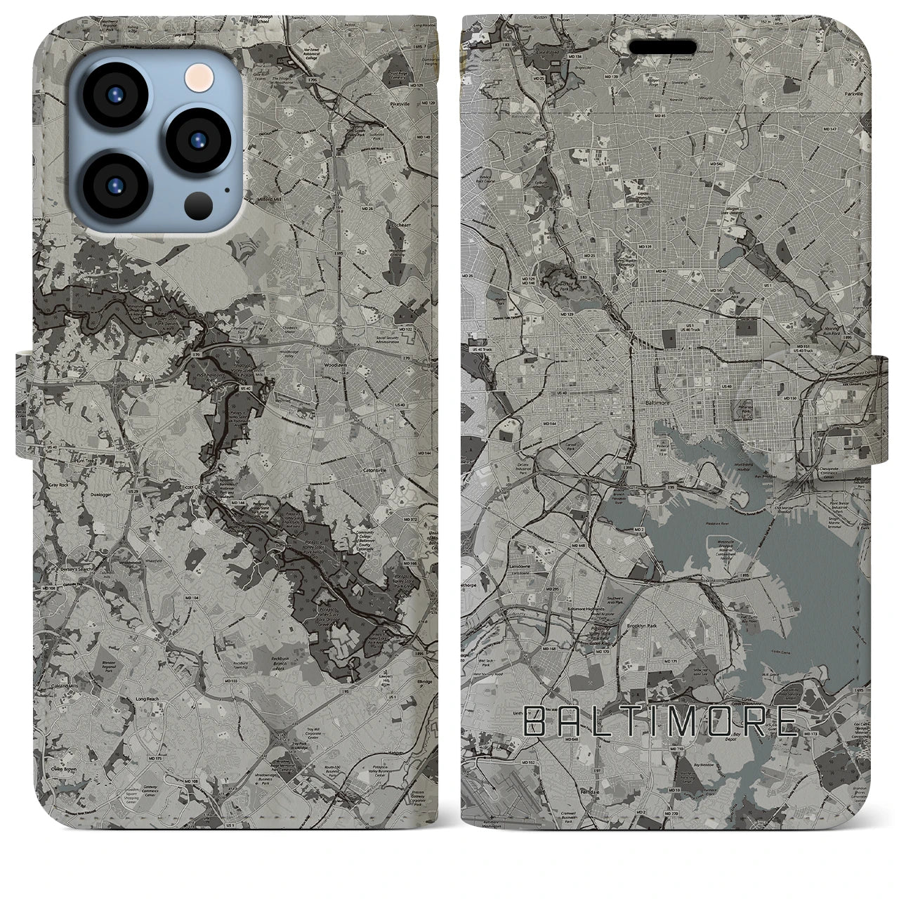 【ボルチモア(アメリカ)】地図柄iPhoneケース(手帳タイプ)モノトーン・iPhone 13 Pro Max 用