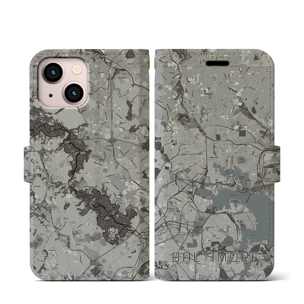【ボルチモア(アメリカ)】地図柄iPhoneケース(手帳タイプ)モノトーン・iPhone 13 mini 用