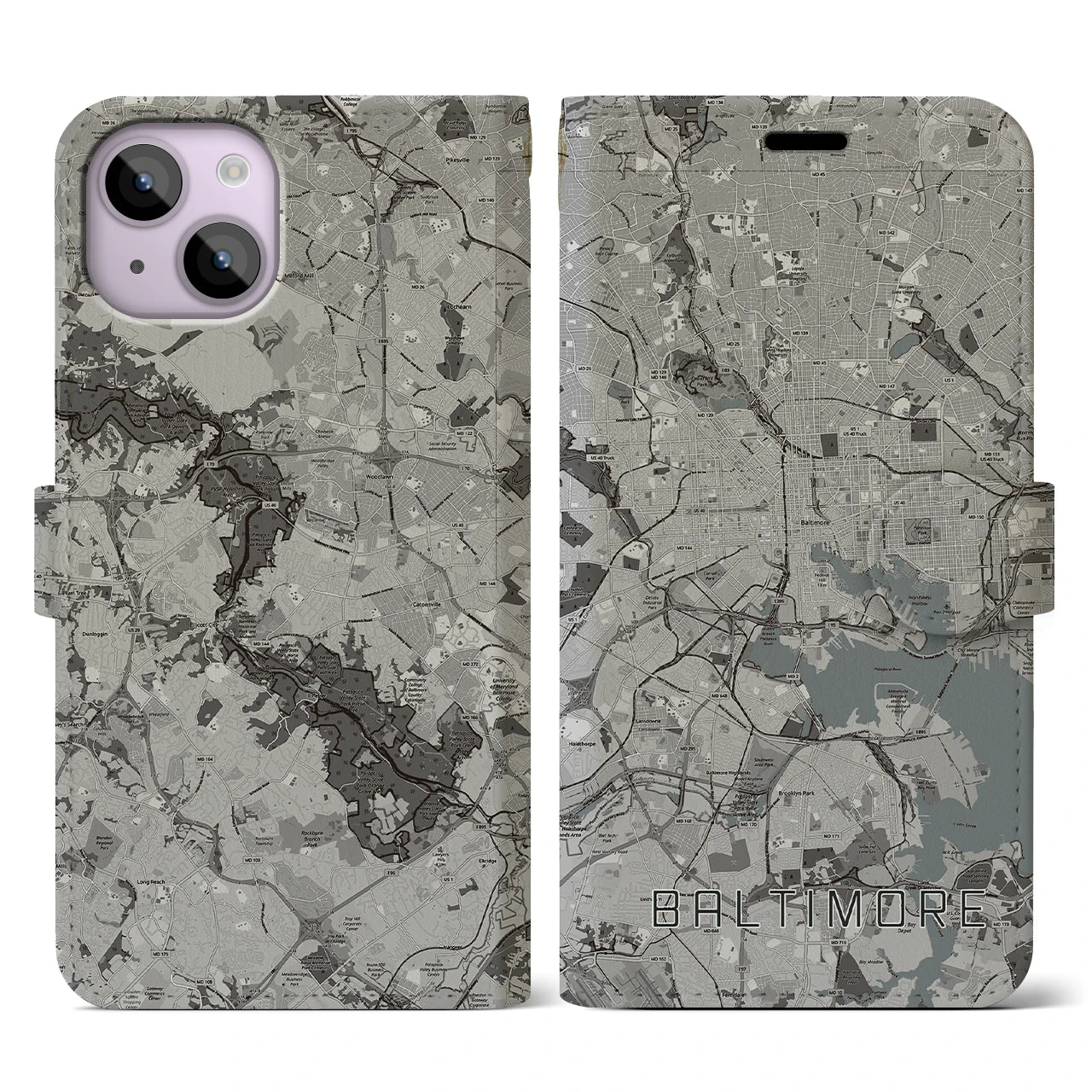 【ボルチモア(アメリカ)】地図柄iPhoneケース(手帳タイプ)モノトーン・iPhone 14 用