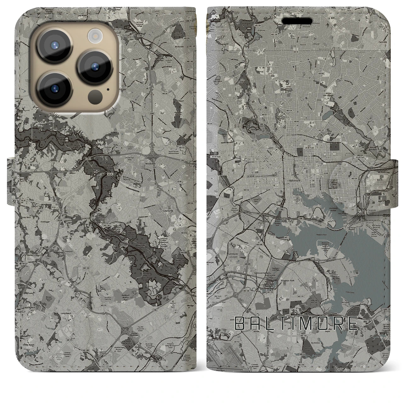 【ボルチモア(アメリカ)】地図柄iPhoneケース(手帳タイプ)モノトーン・iPhone 14 Pro Max 用