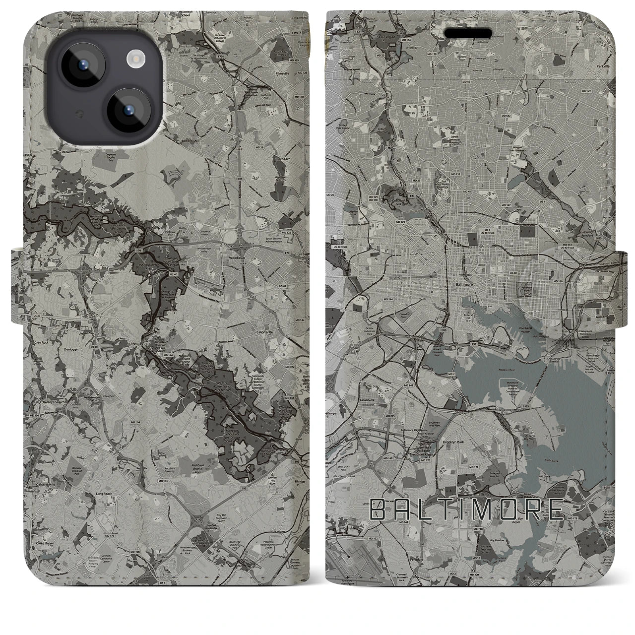 【ボルチモア(アメリカ)】地図柄iPhoneケース(手帳タイプ)モノトーン・iPhone 14 Plus 用