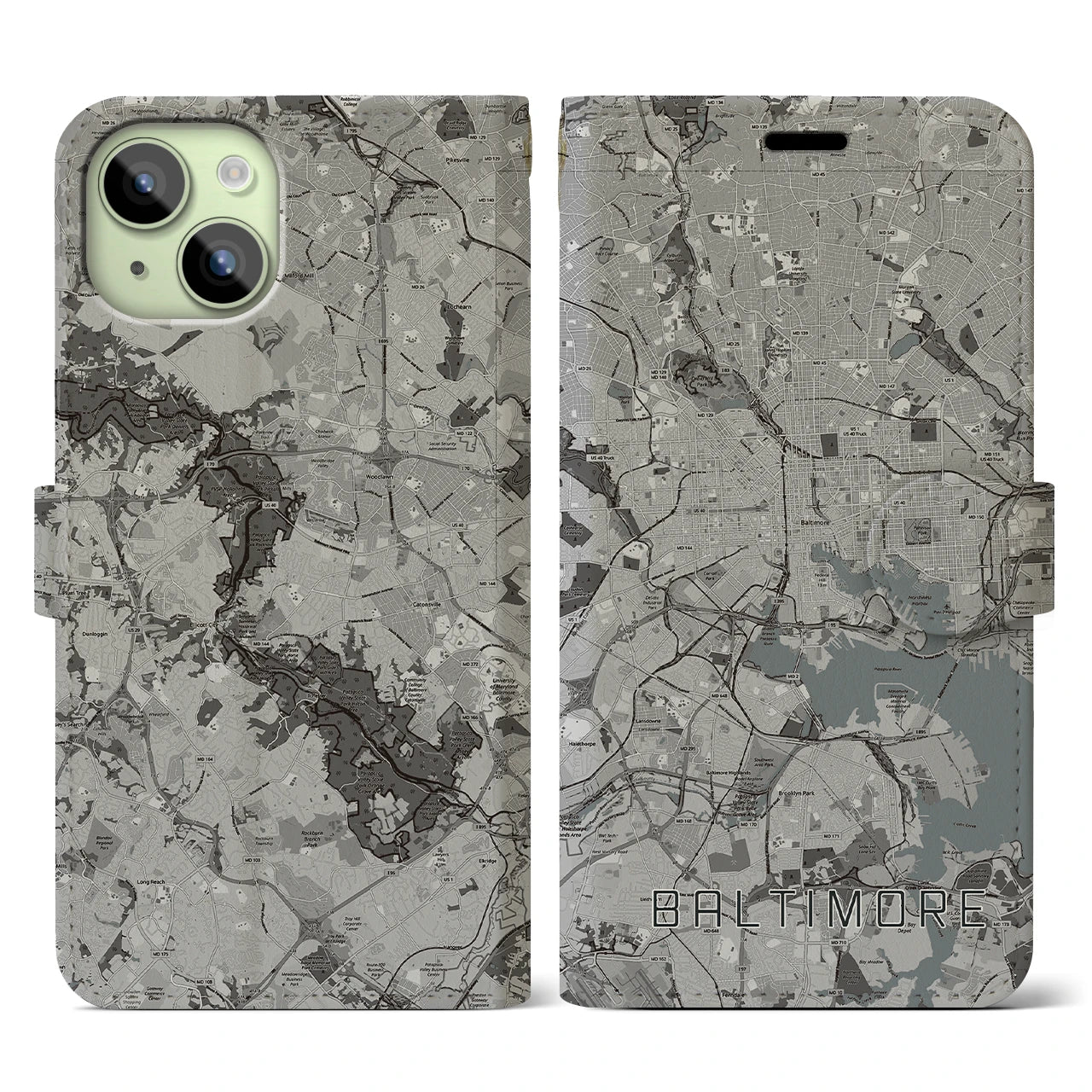 【ボルチモア(アメリカ)】地図柄iPhoneケース(手帳タイプ)モノトーン・iPhone 15 用