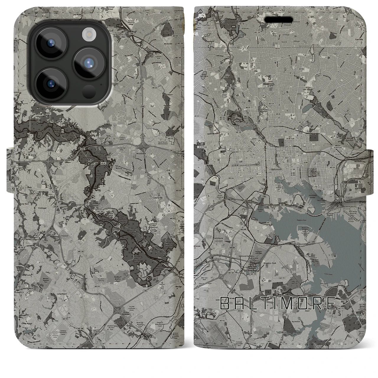 【ボルチモア(アメリカ)】地図柄iPhoneケース(手帳タイプ)モノトーン・iPhone 15 Pro Max 用
