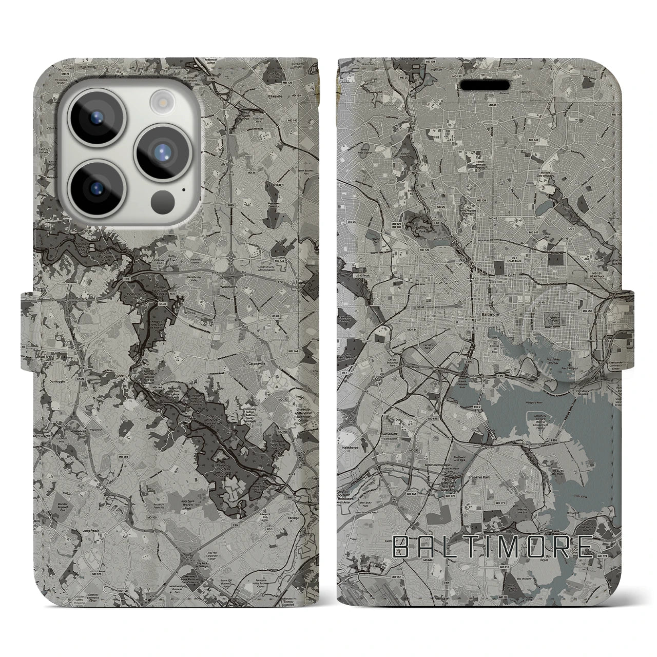 【ボルチモア(アメリカ)】地図柄iPhoneケース(手帳タイプ)モノトーン・iPhone 15 Pro 用