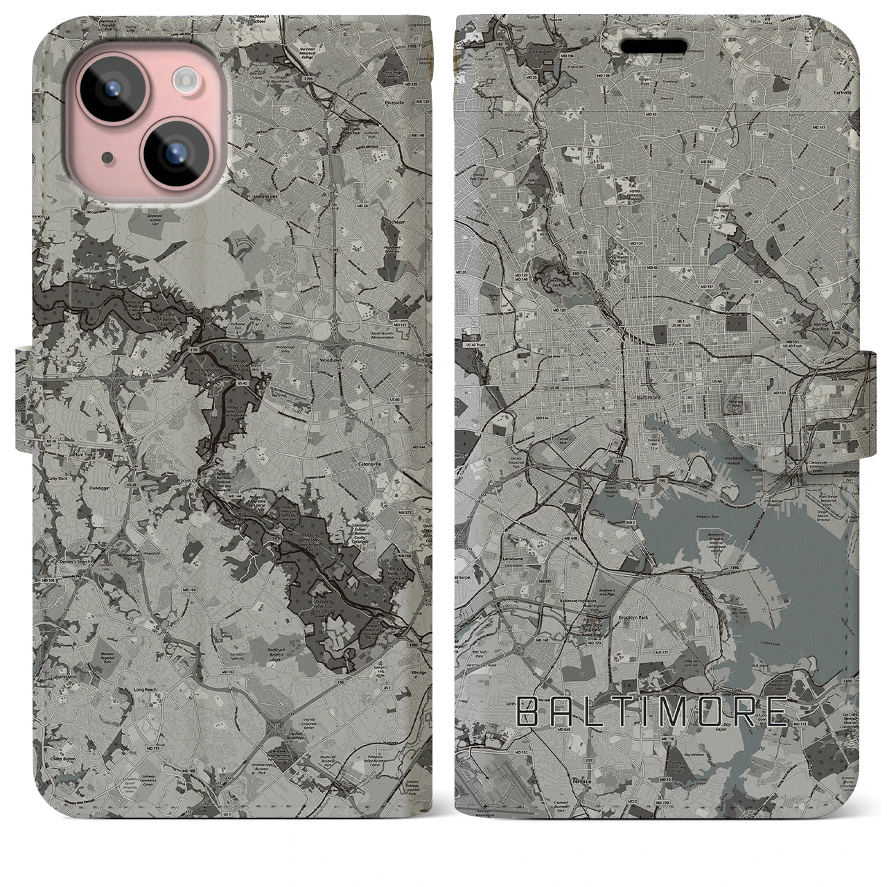 【ボルチモア(アメリカ)】地図柄iPhoneケース(手帳タイプ)モノトーン・iPhone 15 Plus 用