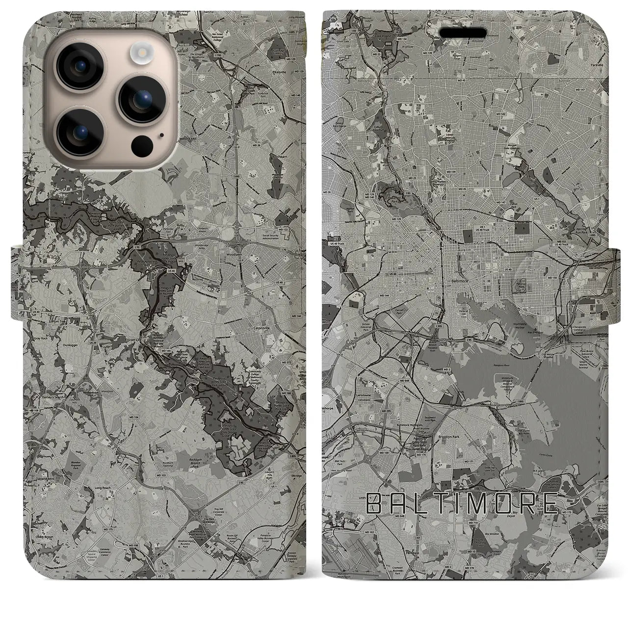 【ボルチモア(アメリカ)】地図柄iPhoneケース(手帳タイプ)モノトーン・iPhone 16 Plus 用