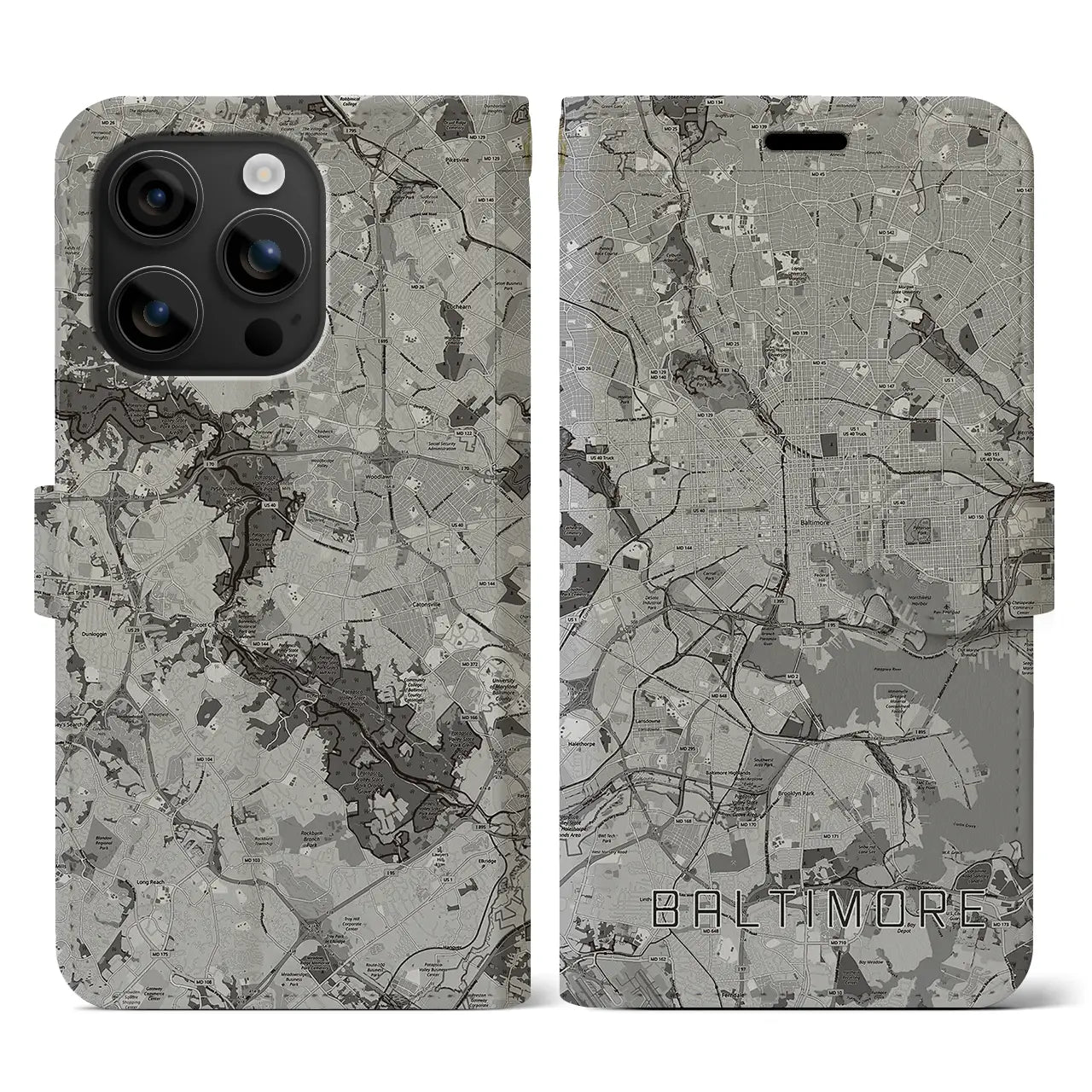 【ボルチモア(アメリカ)】地図柄iPhoneケース(手帳タイプ)モノトーン・iPhone 16 用