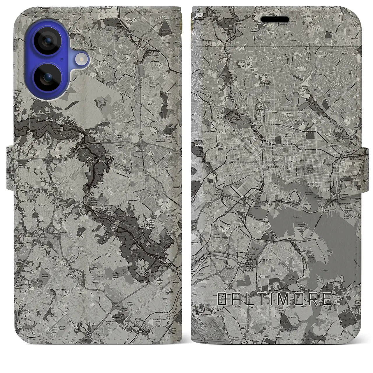 【ボルチモア(アメリカ)】地図柄iPhoneケース(手帳タイプ)モノトーン・iPhone 16 Pro Max 用