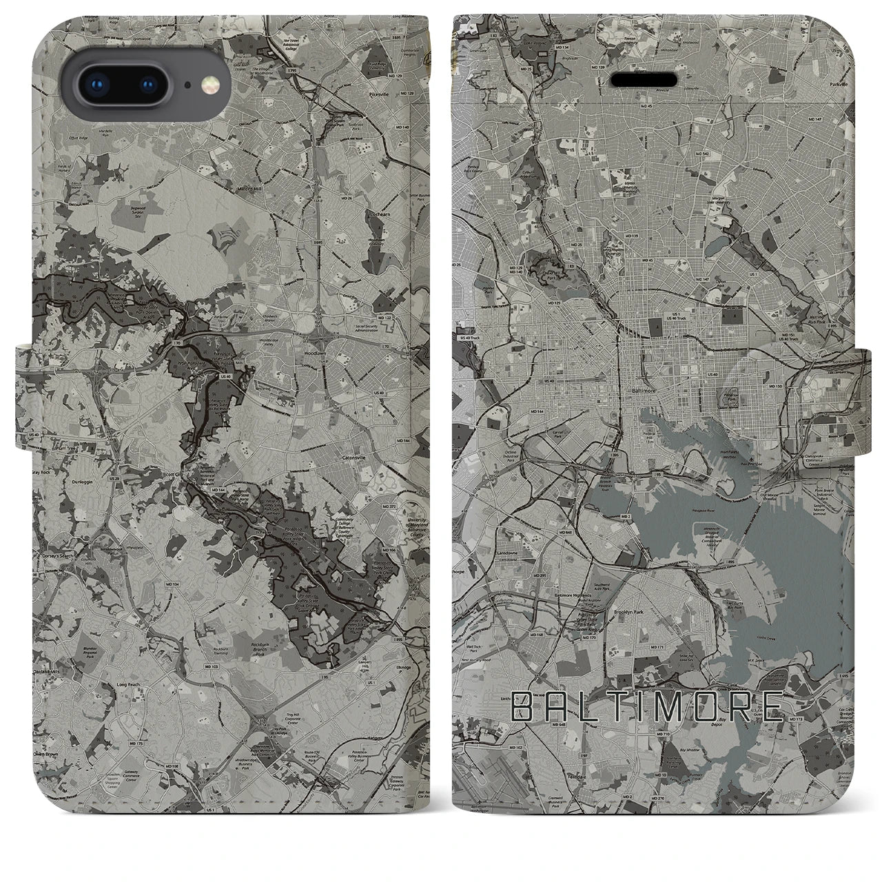 【ボルチモア(アメリカ)】地図柄iPhoneケース(手帳タイプ)モノトーン・iPhone 8Plus /7Plus / 6sPlus / 6Plus 用