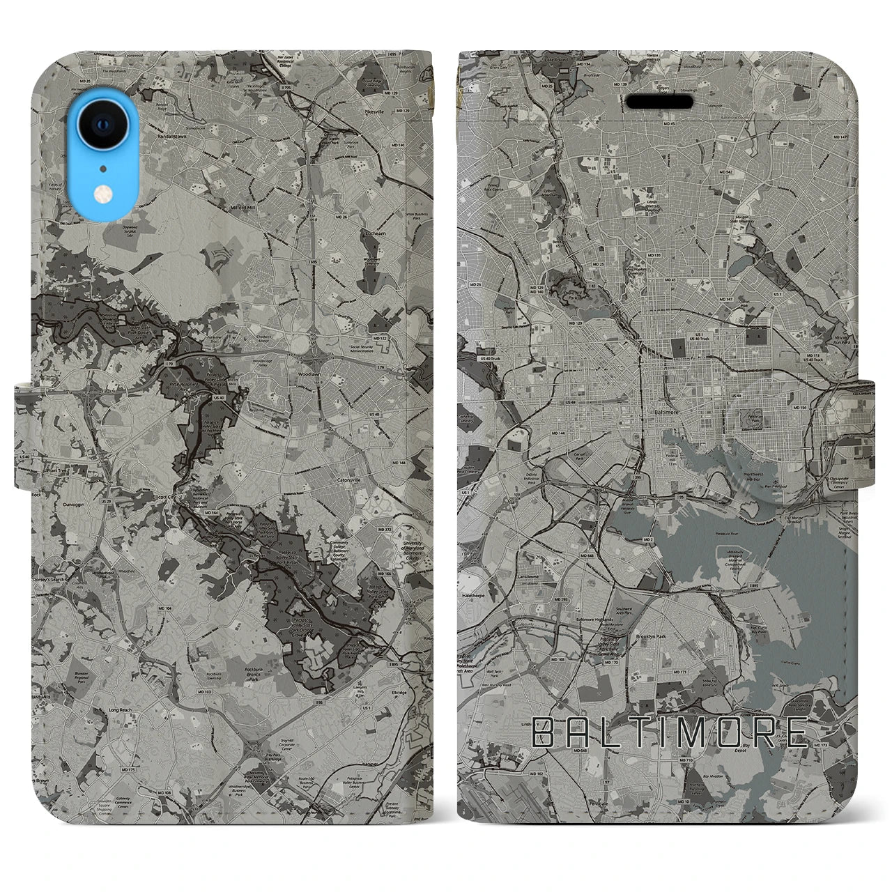 【ボルチモア(アメリカ)】地図柄iPhoneケース(手帳タイプ)モノトーン・iPhone XR 用