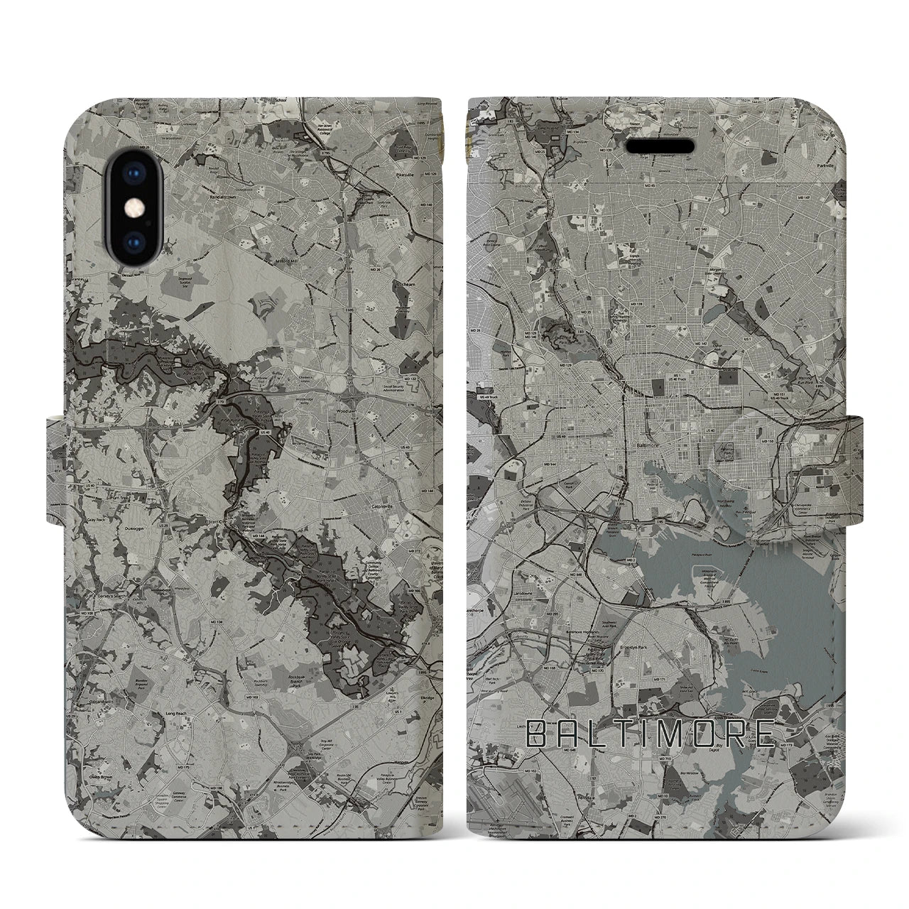 【ボルチモア(アメリカ)】地図柄iPhoneケース(手帳タイプ)モノトーン・iPhone XS / X 用