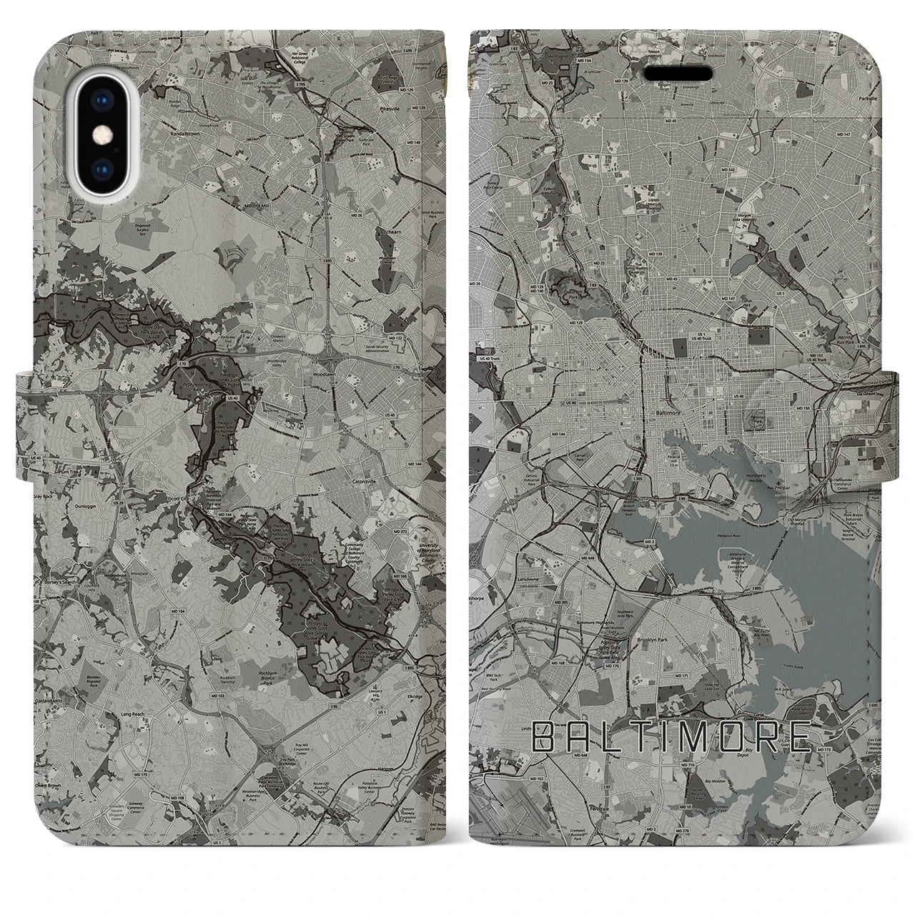 【ボルチモア(アメリカ)】地図柄iPhoneケース(手帳タイプ)モノトーン・iPhone XS Max 用