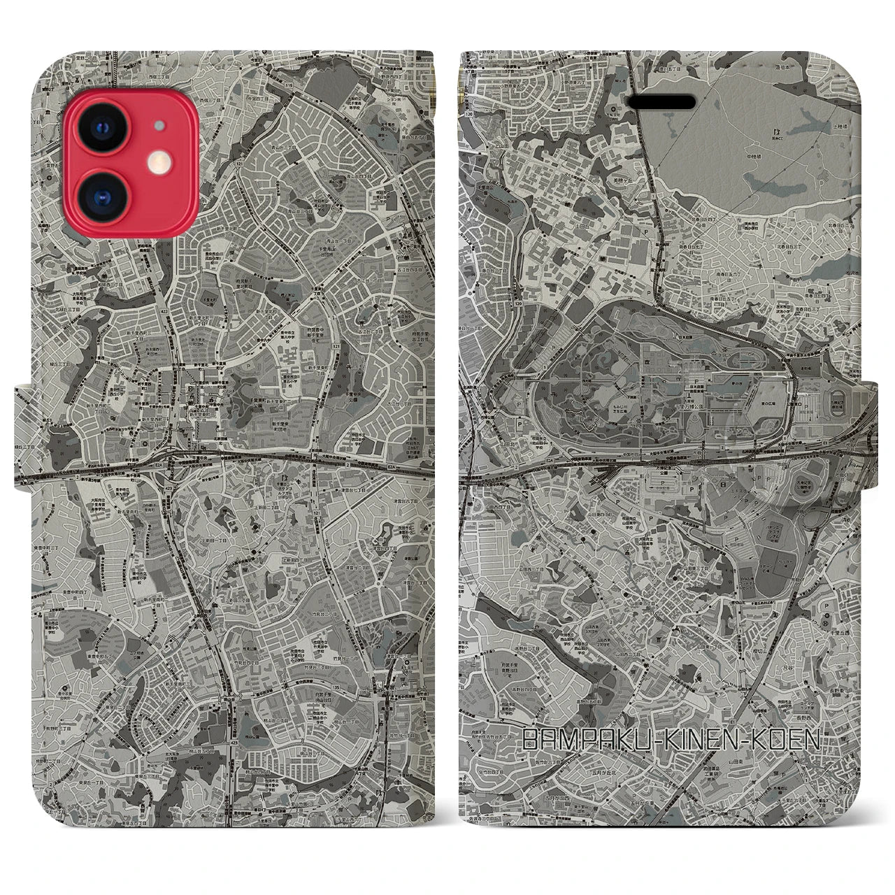 【万博記念公園(大阪府)】地図柄iPhoneケース(手帳タイプ)モノトーン・iPhone 11 用