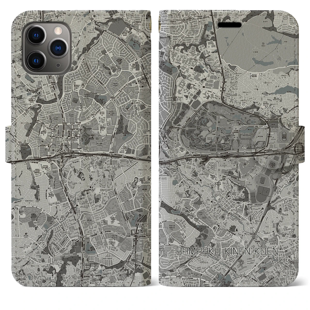 【万博記念公園(大阪府)】地図柄iPhoneケース(手帳タイプ)モノトーン・iPhone 11 Pro Max 用