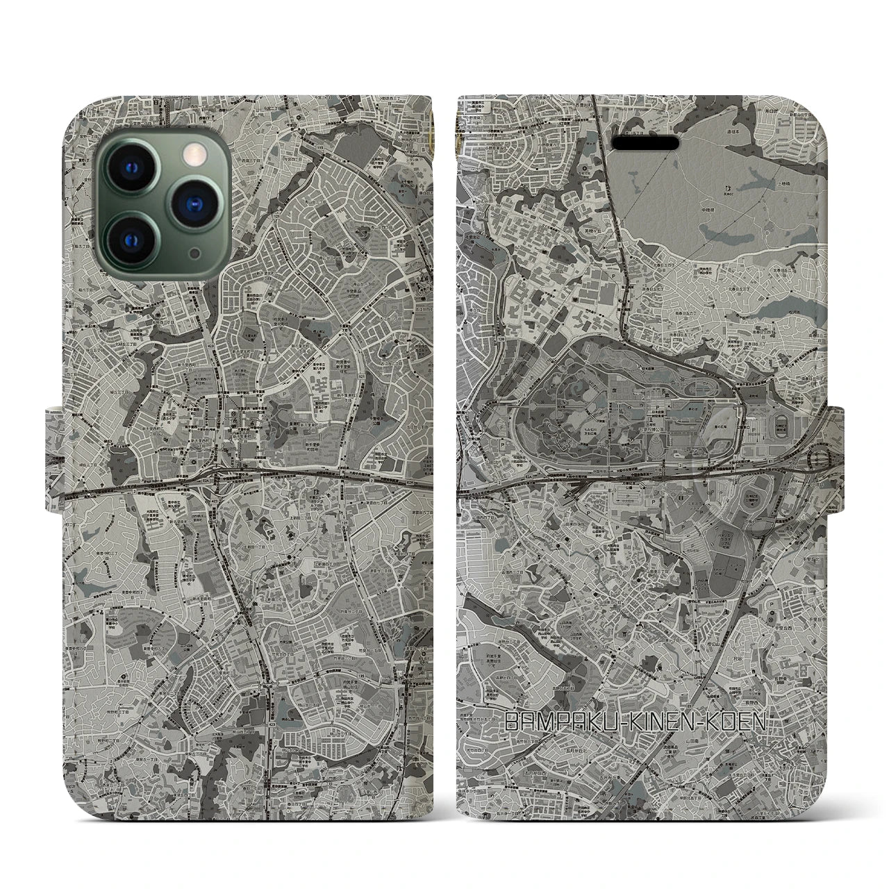 【万博記念公園(大阪府)】地図柄iPhoneケース(手帳タイプ)モノトーン・iPhone 11 Pro 用