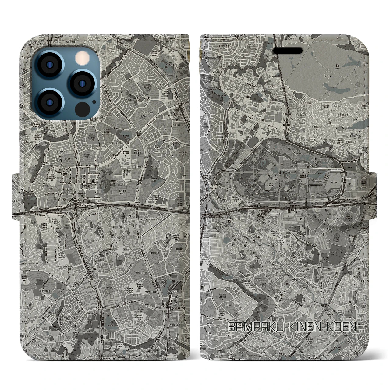 【万博記念公園(大阪府)】地図柄iPhoneケース(手帳タイプ)モノトーン・iPhone 12 / 12 Pro 用