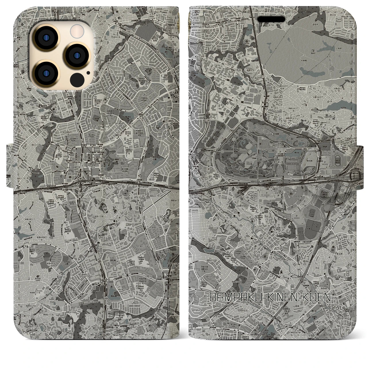 【万博記念公園(大阪府)】地図柄iPhoneケース(手帳タイプ)モノトーン・iPhone 12 Pro Max 用