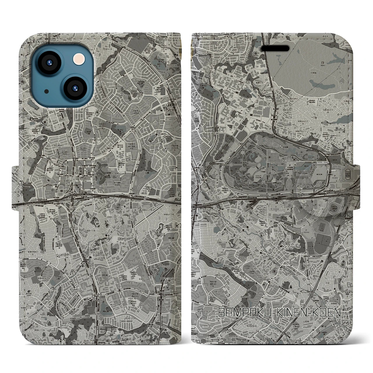 【万博記念公園(大阪府)】地図柄iPhoneケース(手帳タイプ)モノトーン・iPhone 13 用