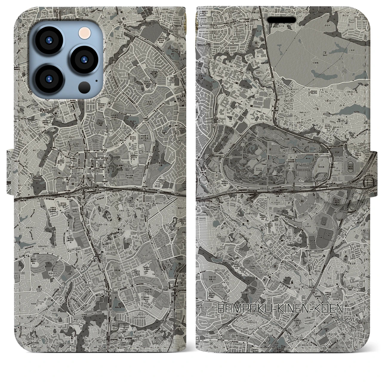 【万博記念公園(大阪府)】地図柄iPhoneケース(手帳タイプ)モノトーン・iPhone 13 Pro Max 用