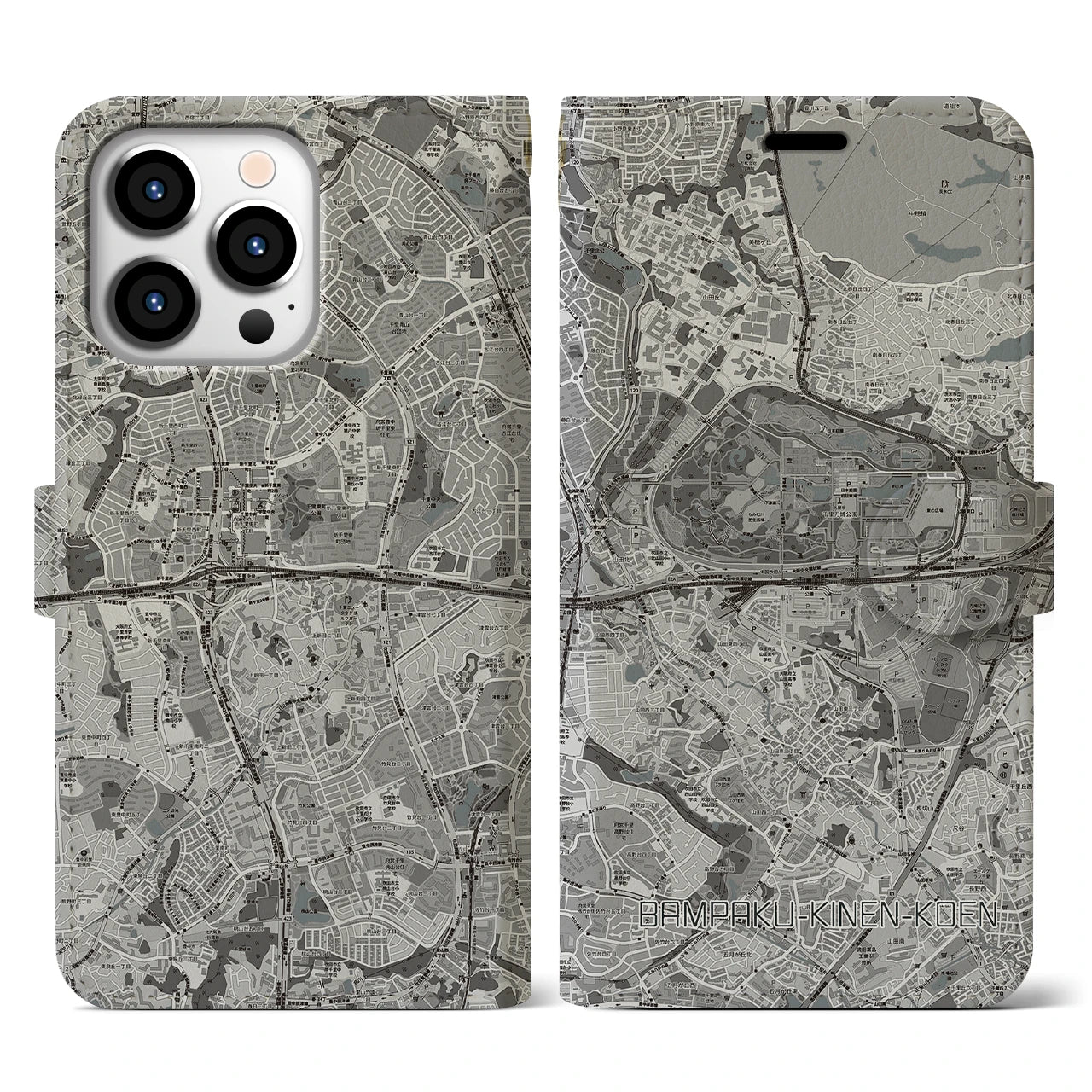 【万博記念公園(大阪府)】地図柄iPhoneケース(手帳タイプ)モノトーン・iPhone 13 Pro 用