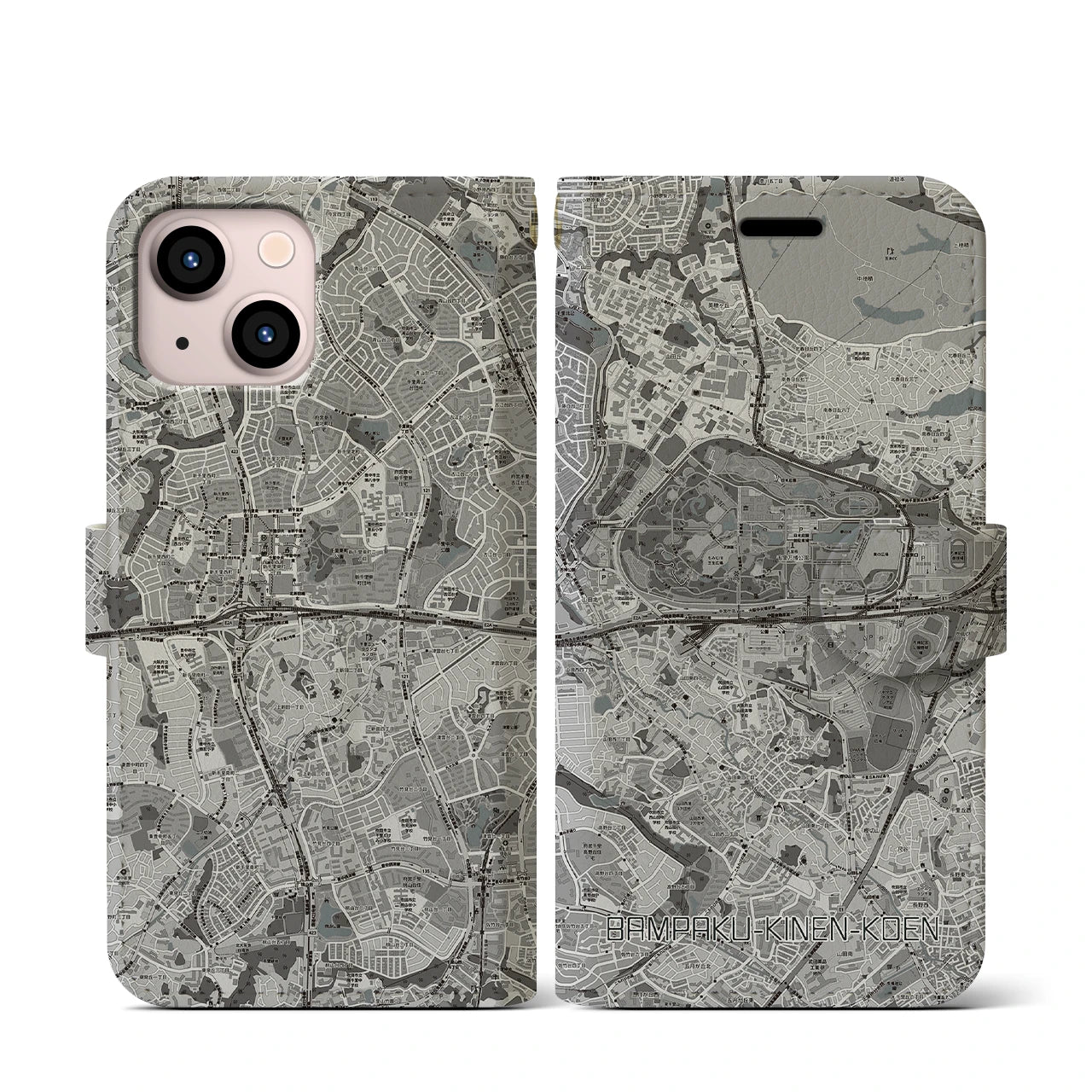 【万博記念公園(大阪府)】地図柄iPhoneケース(手帳タイプ)モノトーン・iPhone 13 mini 用