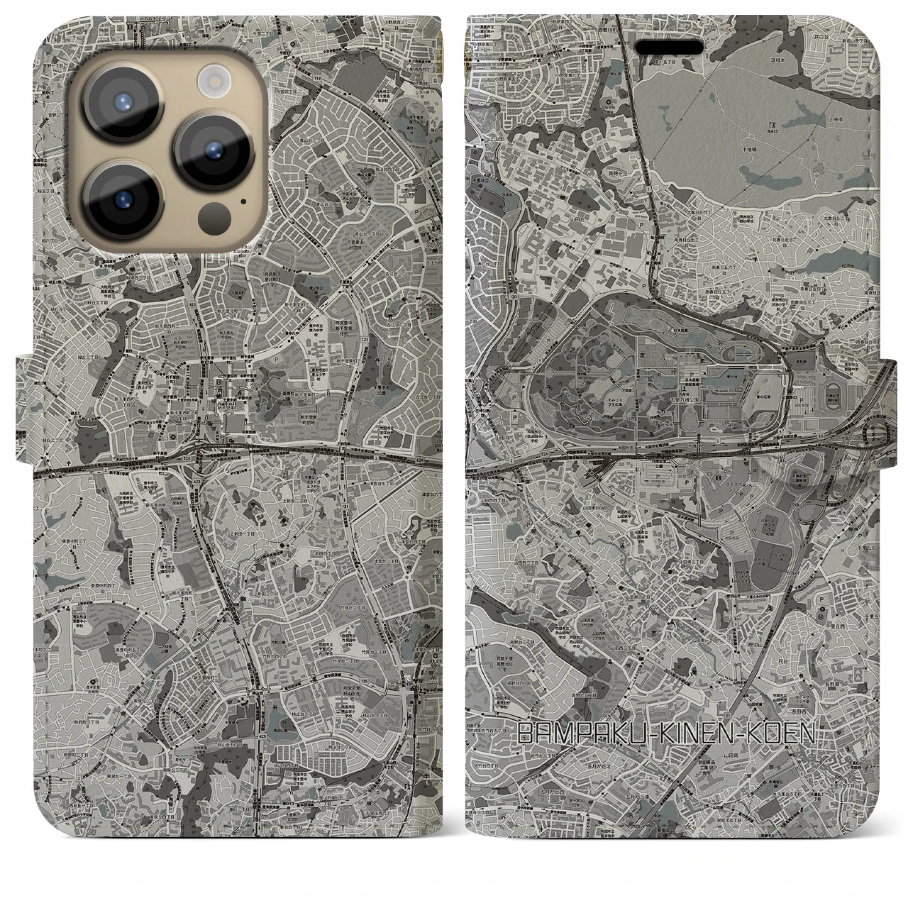 【万博記念公園(大阪府)】地図柄iPhoneケース(手帳タイプ)モノトーン・iPhone 14 Pro Max 用