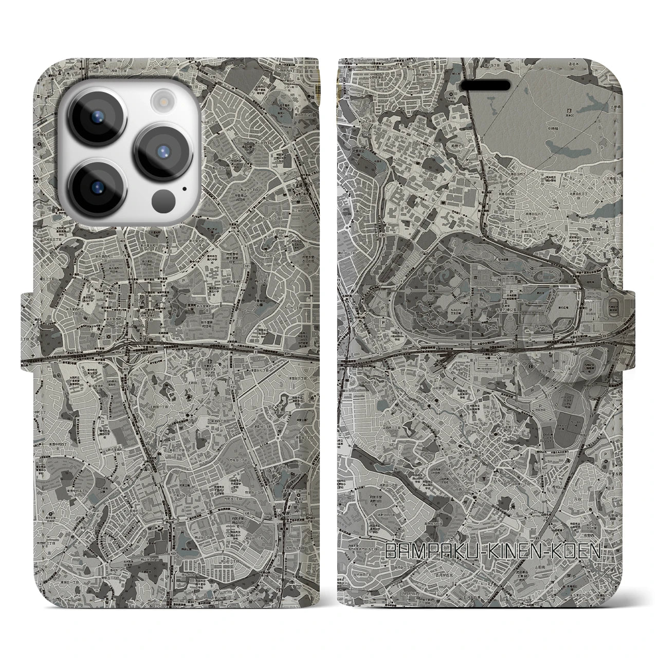 【万博記念公園(大阪府)】地図柄iPhoneケース(手帳タイプ)モノトーン・iPhone 14 Pro 用