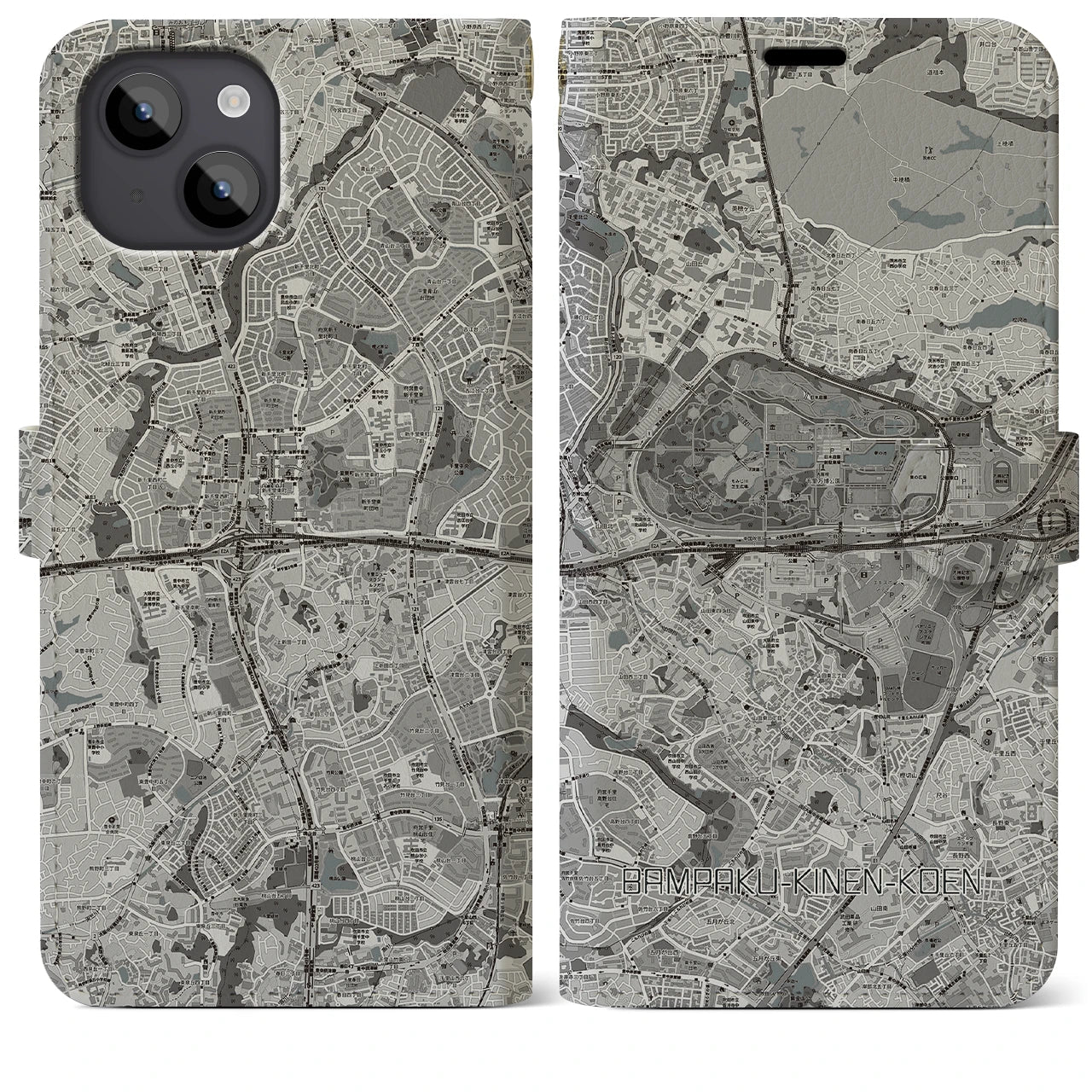 【万博記念公園(大阪府)】地図柄iPhoneケース(手帳タイプ)モノトーン・iPhone 14 Plus 用
