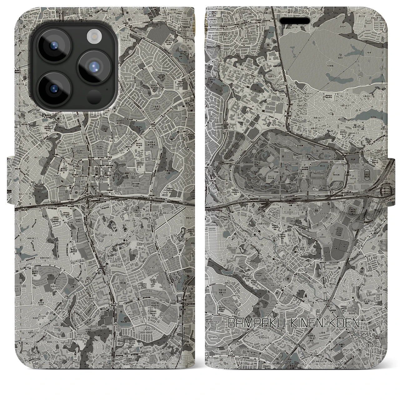 【万博記念公園(大阪府)】地図柄iPhoneケース(手帳タイプ)モノトーン・iPhone 15 Pro Max 用
