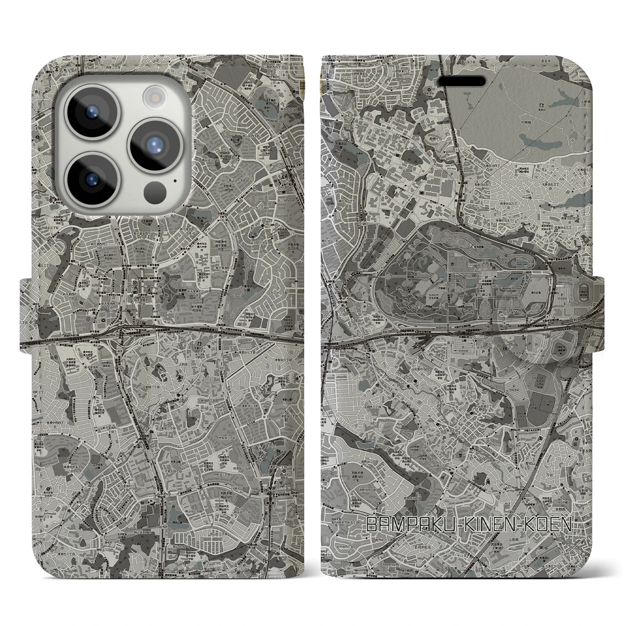 【万博記念公園(大阪府)】地図柄iPhoneケース(手帳タイプ)モノトーン・iPhone 15 Pro 用