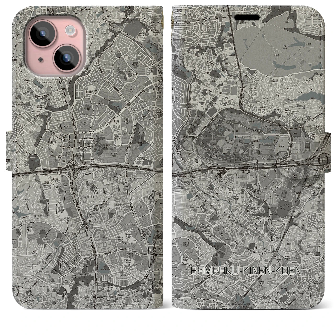 【万博記念公園(大阪府)】地図柄iPhoneケース(手帳タイプ)モノトーン・iPhone 15 Plus 用