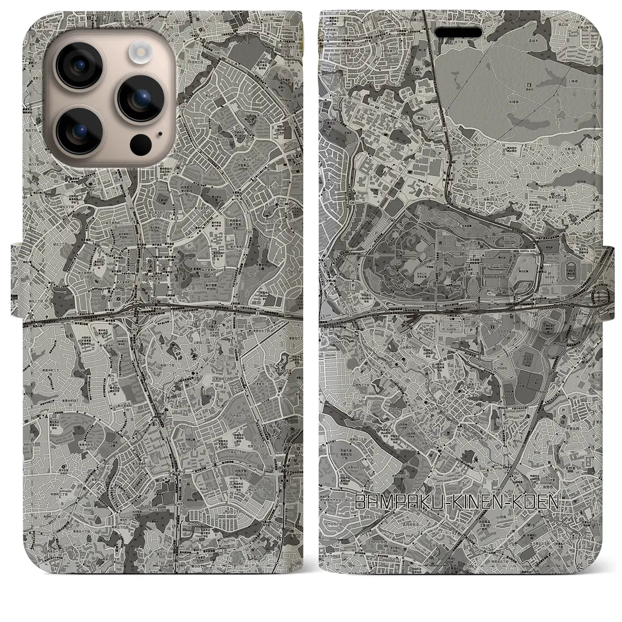 【万博記念公園(大阪府)】地図柄iPhoneケース(手帳タイプ)モノトーン・iPhone 16 Plus 用