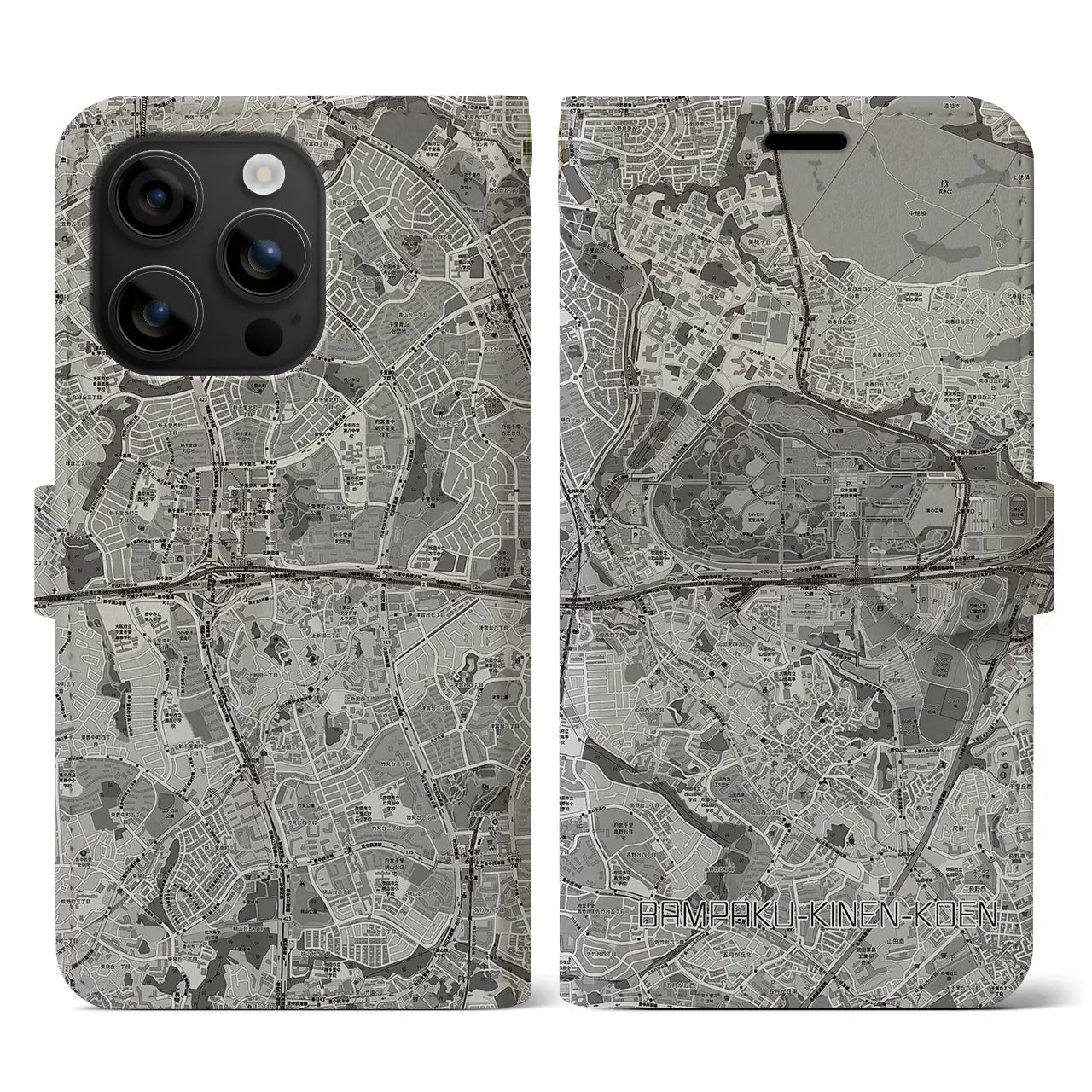 【万博記念公園(大阪府)】地図柄iPhoneケース(手帳タイプ)モノトーン・iPhone 16 用