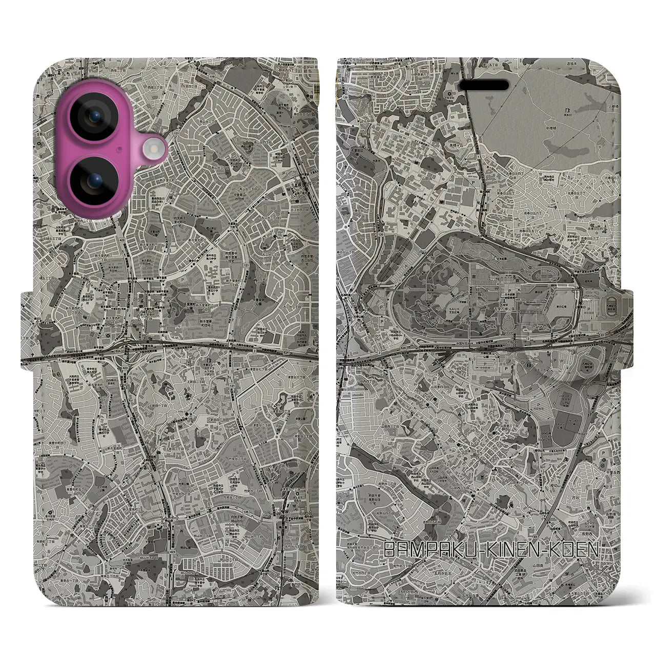 【万博記念公園(大阪府)】地図柄iPhoneケース(手帳タイプ)モノトーン・iPhone 16 Pro 用