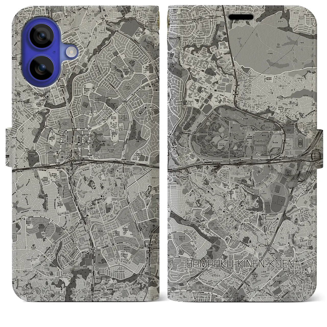 【万博記念公園(大阪府)】地図柄iPhoneケース(手帳タイプ)モノトーン・iPhone 16 Pro Max 用