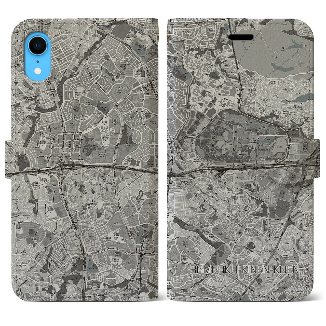 【万博記念公園(大阪府)】地図柄iPhoneケース(手帳タイプ)モノトーン・iPhone XR 用