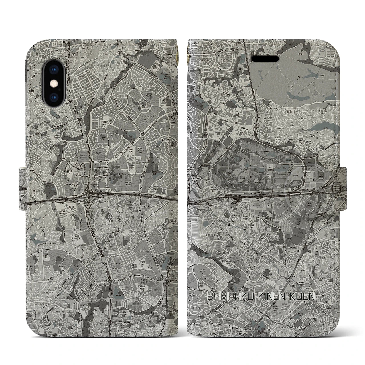 【万博記念公園(大阪府)】地図柄iPhoneケース(手帳タイプ)モノトーン・iPhone XS / X 用