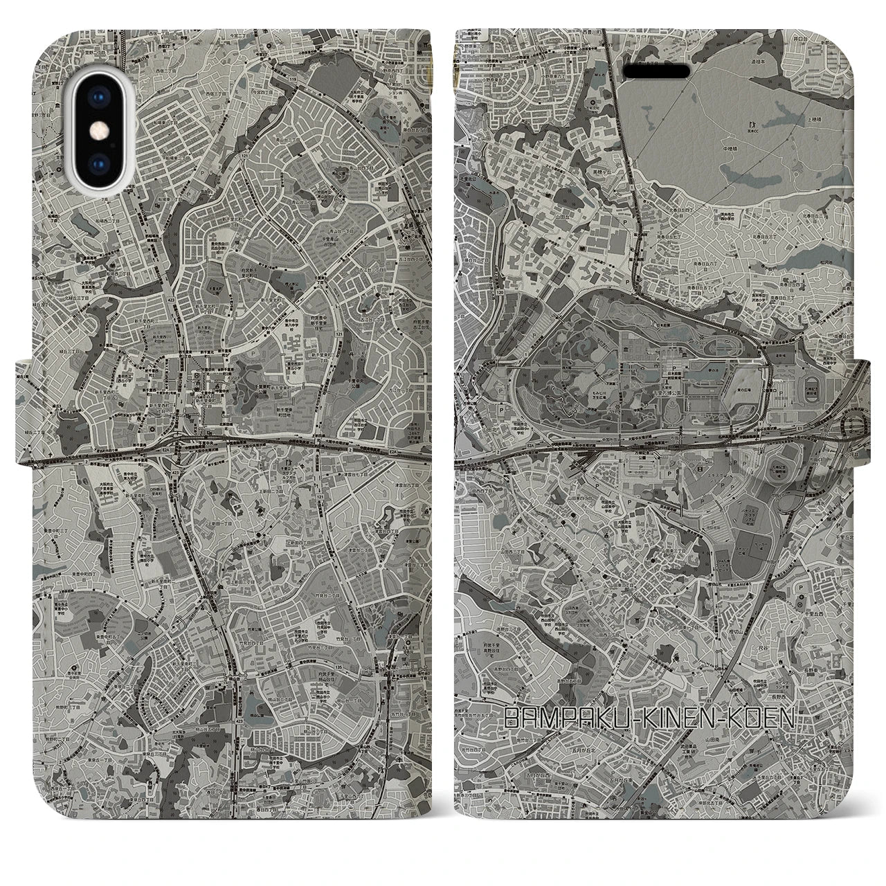 【万博記念公園(大阪府)】地図柄iPhoneケース(手帳タイプ)モノトーン・iPhone XS Max 用
