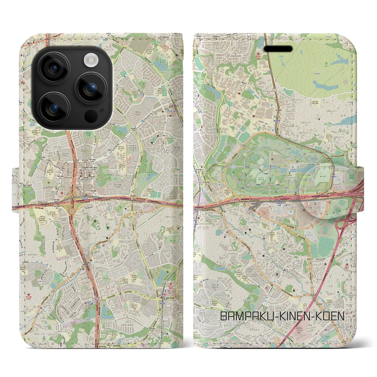 【万博記念公園(大阪府)】地図柄iPhoneケース(手帳タイプ)ナチュラル・iPhone 16 用