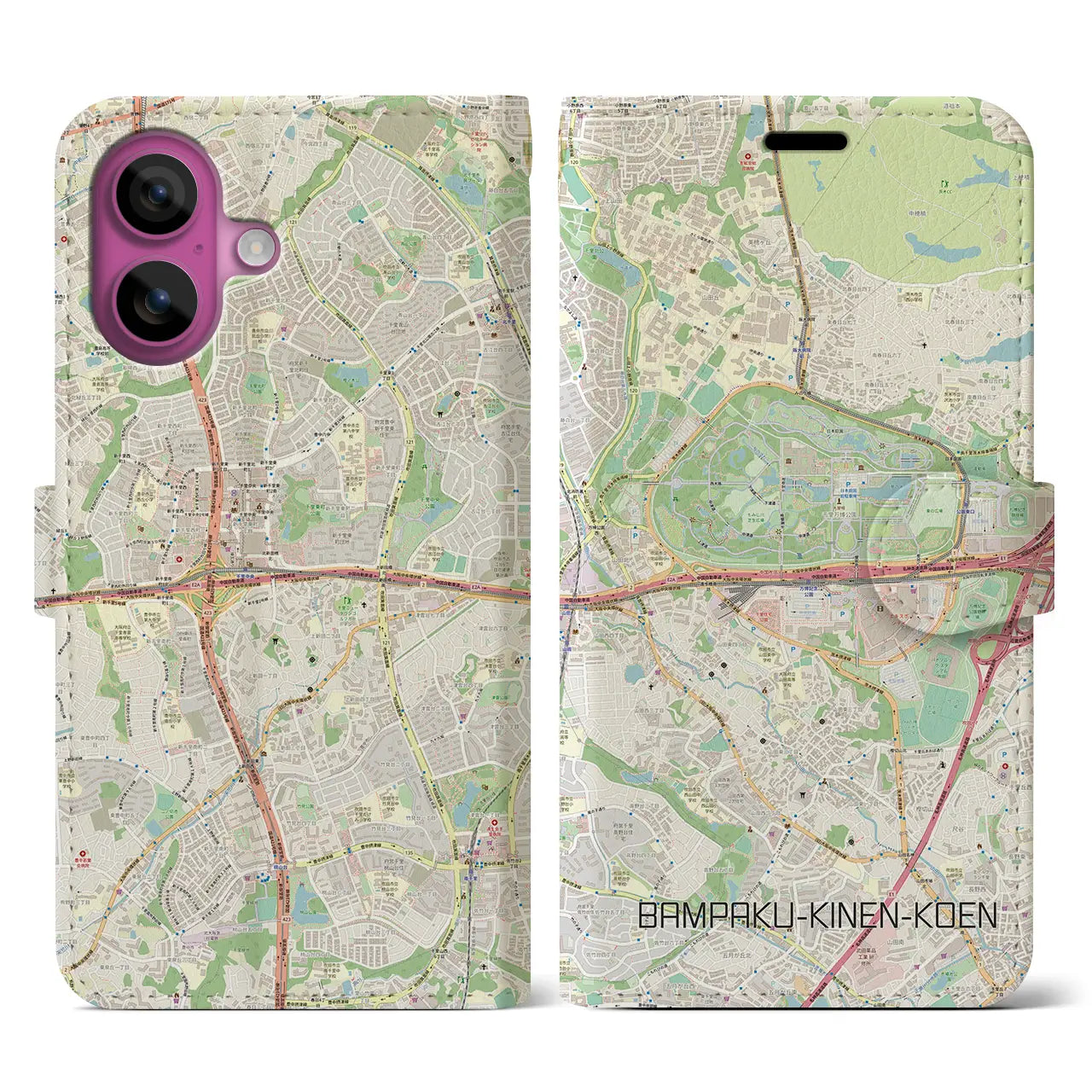 【万博記念公園(大阪府)】地図柄iPhoneケース(手帳タイプ)ナチュラル・iPhone 16 Pro 用
