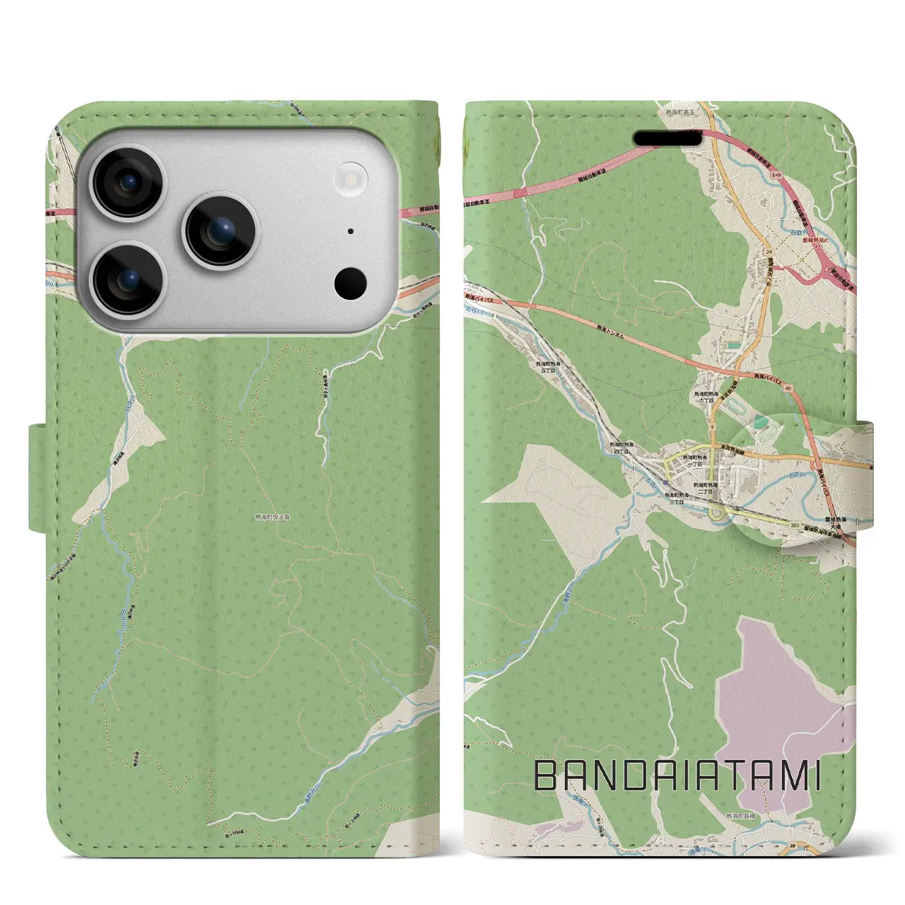 【磐梯熱海(福島県)】地図柄iPhoneケース(手帳タイプ)モノトーン・iPhone 17 Pro Max 用